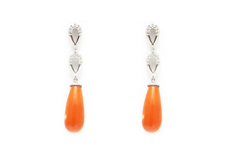 Diamond and Coral Earrings in 14K White Gold