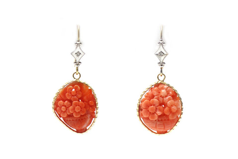 Coral Flower Basket Earring in 14K Yellow Gold with Diamond