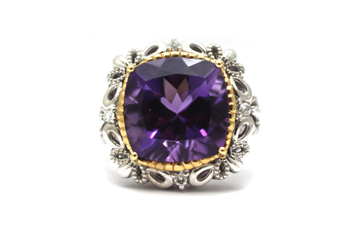 Amethyst with Diamond Ring in Sterling Silver and 14KY