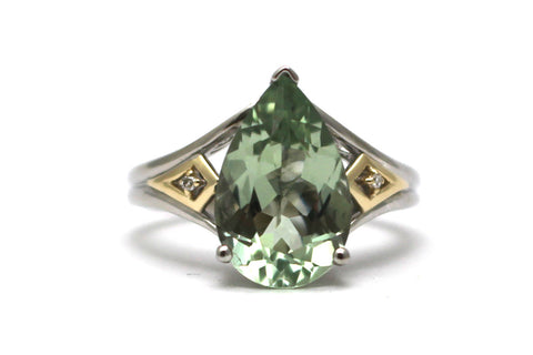 Green Amethyst and Diamond Ring in Sterling Silver and 14KY