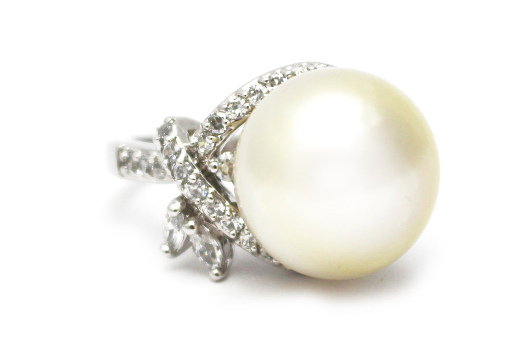 CZ and South Sea Pearl Ring in Platinum over Sterling Silver