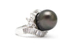 Black Pearl and CZ Ring in Platinum over Sterling Silver