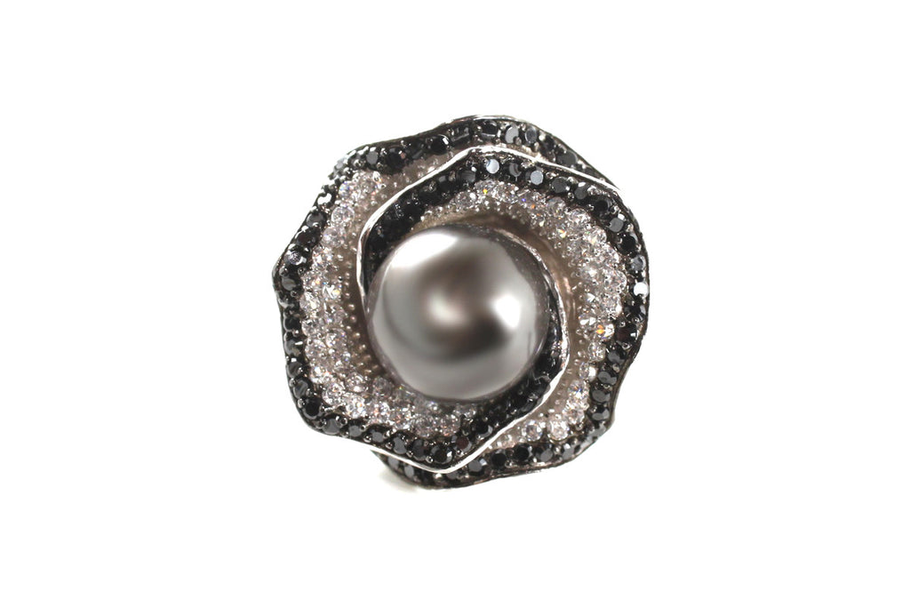 Black Pearl and CZ Rose Ring in Sterling Silver