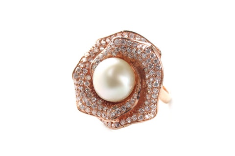 Pearl and CZ Rose Ring in Rose Gold over Sterling Silver