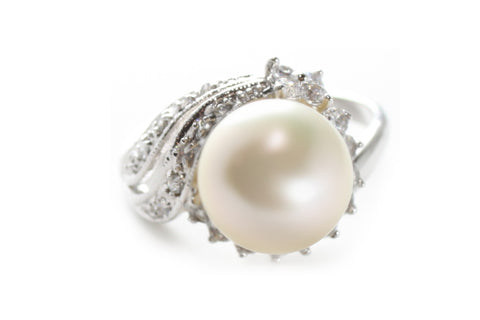South Sea Pearl and CZ Ring in Platinum over Sterling Silver