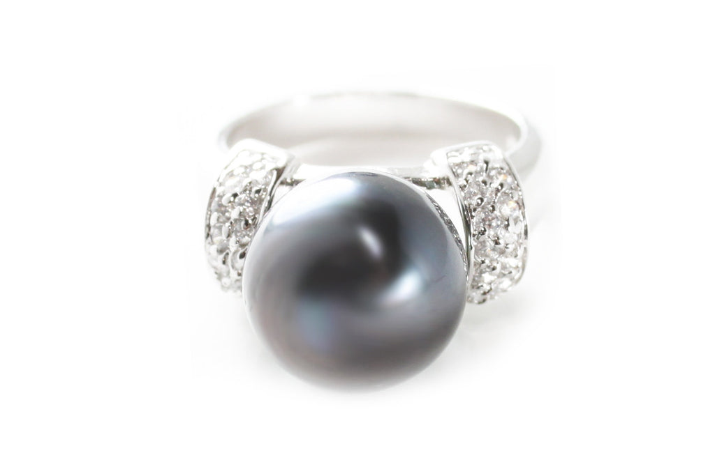 Tahitian Pearl and CZ Ring in Platinum over Sterling Silver