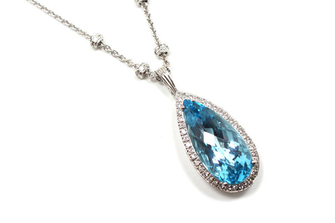 Diamond and Swiss Blue Topaz Nacklace in 14KW