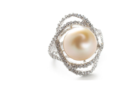Pearl and CZ Ring in Platinum over Sterling Silver