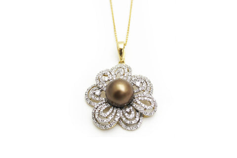 Golden Chocolate Cultured Tahitian Pearls Diamond Pendant 18KT Gold