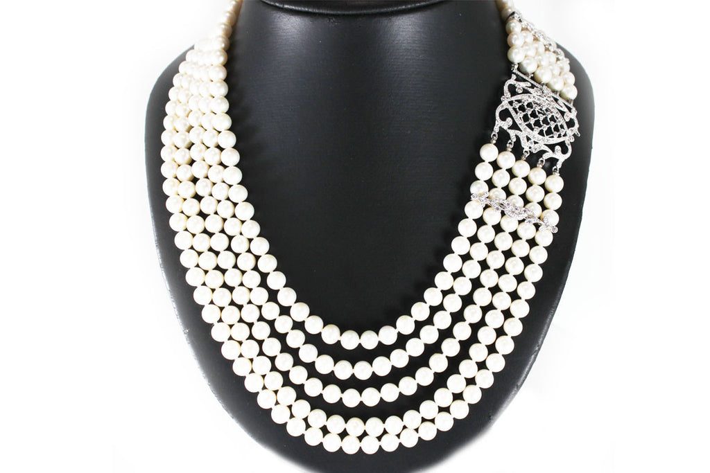 Five Strand Pearl Necklace with CZ and Sterling Silver Clasp
