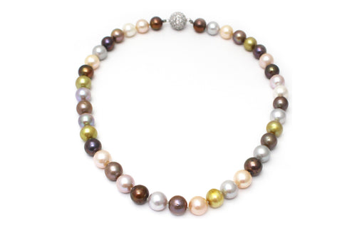 Multi-Color Freshwater Pearl Necklace with CZ and Sterling Silver Clasp