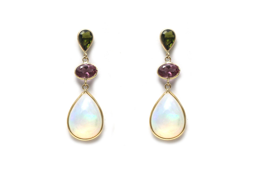 Opal, Green and Purple Tourmaline Earrings in 14KY