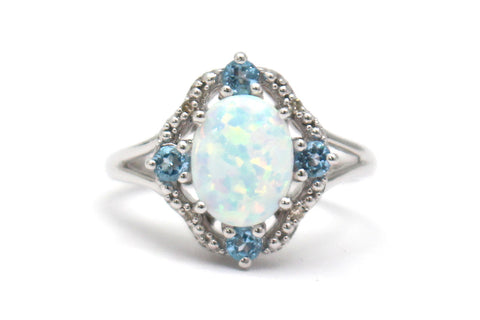 Blue Topaz, Opal and Diamond Ring in Sterling Silver