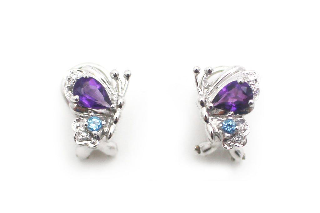 Diamond, Amethyst and Blue Topaz Butterfly Earrings in 14k White Gold