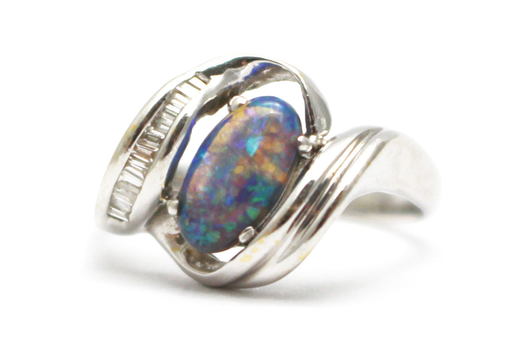 Diamond and Blue Opal Ring in 18k White Gold