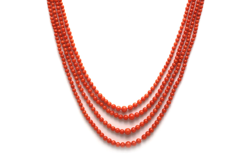4 Strand Italian Coral Necklace with 14K Yellow Gold Clasp