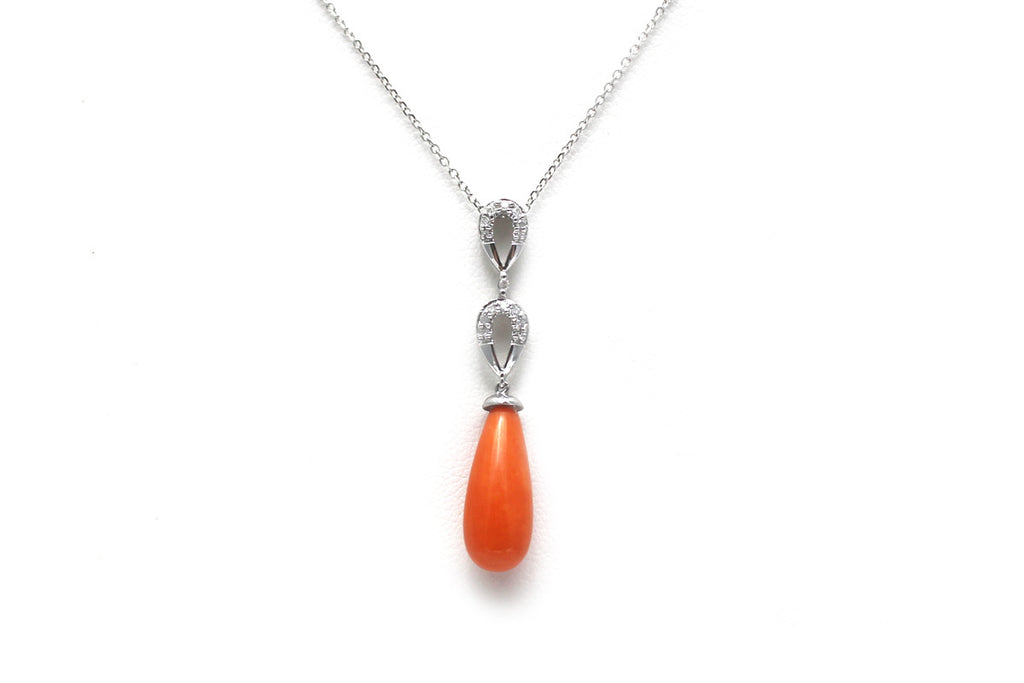 Diamond and Red Coral Necklace in 14k White Gold