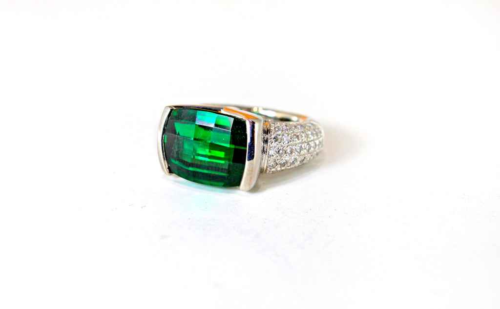 Green Chrome Tourmaline and Diamonds 14KW Ring