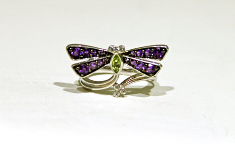 Dragonfly Ring with Diamonds, Purple/ Green Amethyst Ring in Sterling Silver