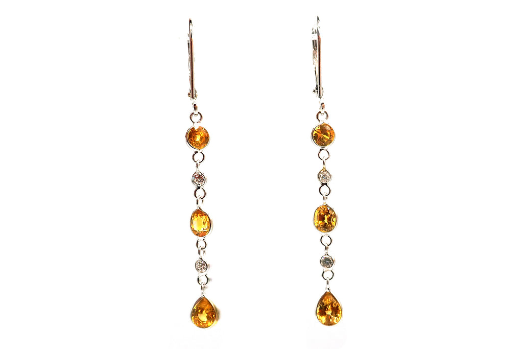 Yellow Sapphire with Diamonds Line Earrings 14KT White Gold