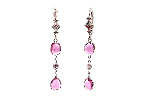 Rose Cut Pink Sapphire and Diamond Line Earrings 14KT White Gold Earrings
