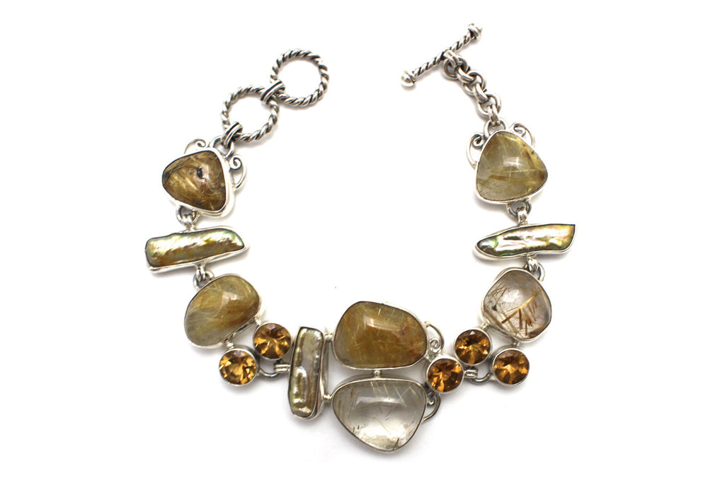 Rutilated Quartz and Tennessee Pearl Bracelet in Sterling Silver