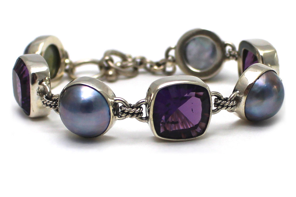Starburst Cushion Cut Amethyst Mabe Pearl Bracelet in